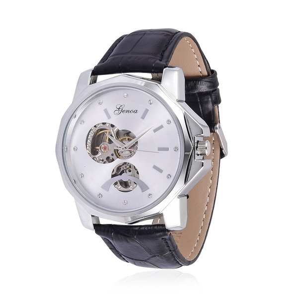 GENOA Automatic Skeleton White Dial Water Resistant Watch in ION Plated Silver with Stainless Steel 
