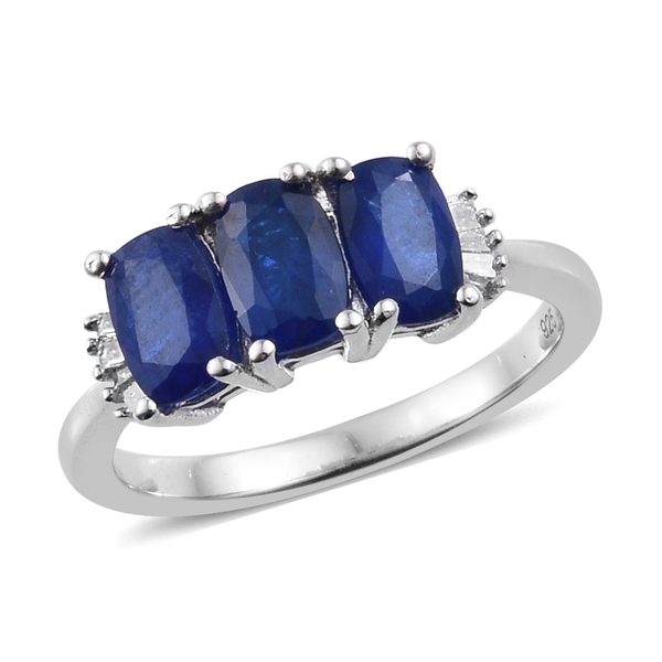 1.75 Ct Blue Spinel and Diamond 3 Stone Ring in Platinum Plated Sterling Silver