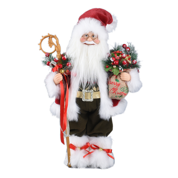 Christmas Decorative Santa Claus Holding Cane & Cherry Potting (Size 45x27x11Cm) - Dark Green & Maro