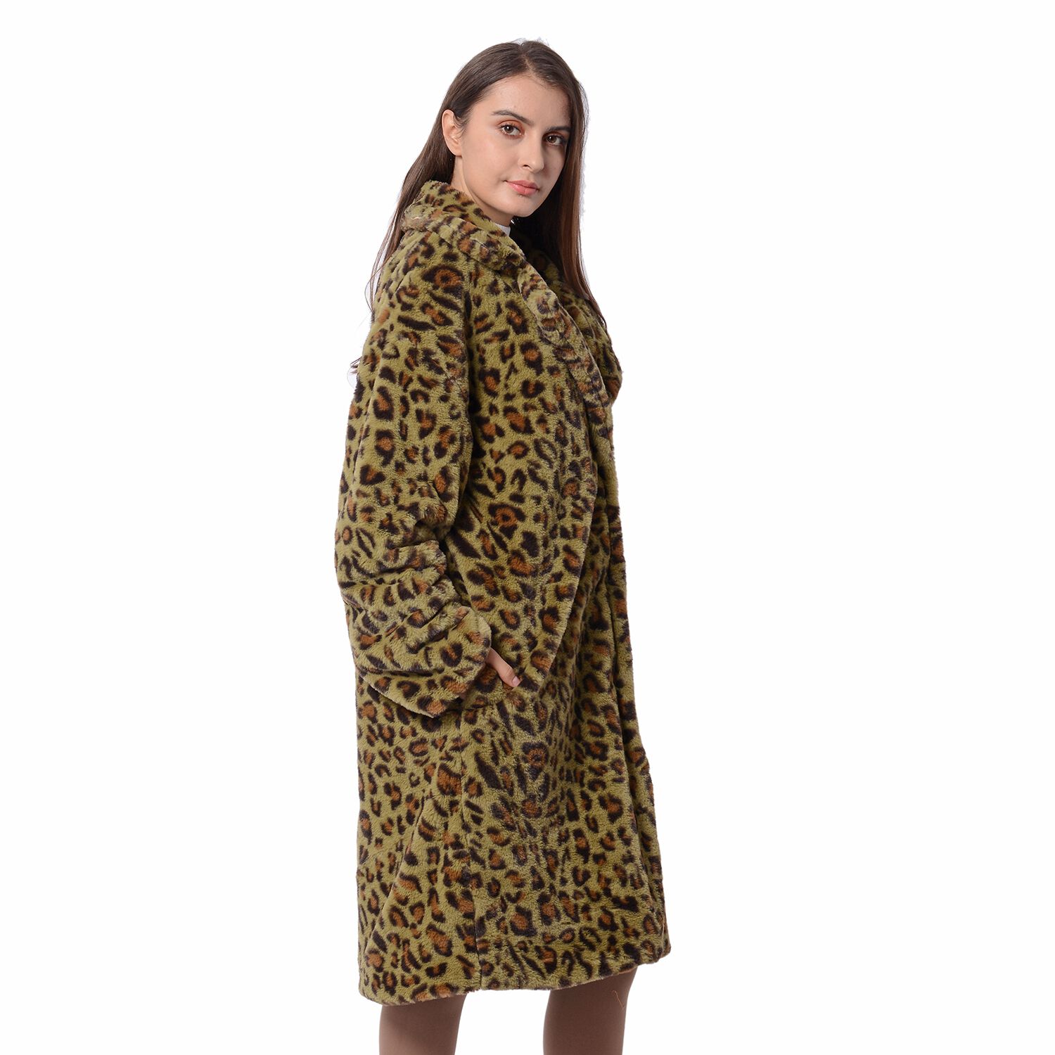 Green and Black Colour Leopard Print Pattern Faux Fur Long Coat (Size L to XL)