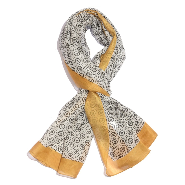 100% Mulberry Silk Black, Golden and White Colour Handscreen Printed Scarf (Size 200X170 Cm)