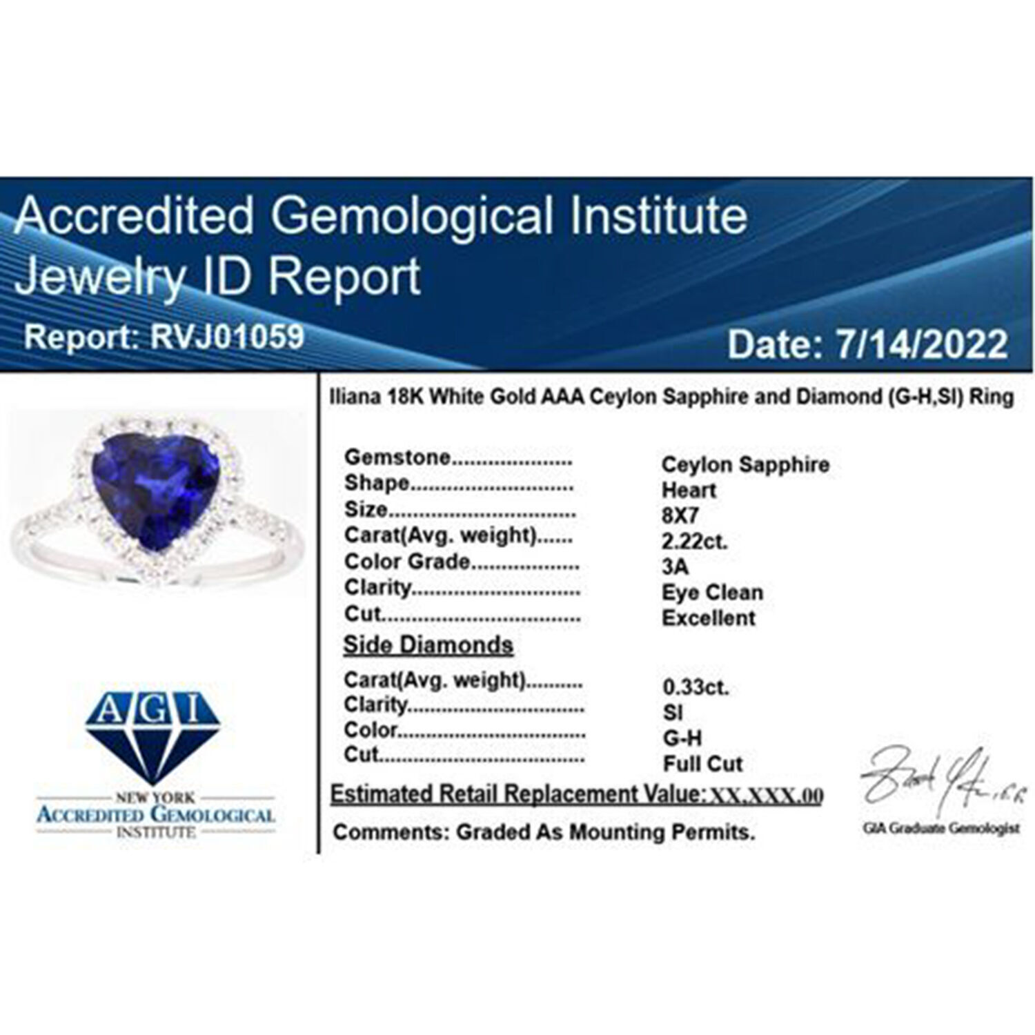 AGI Certified and Appraised ILIANA 18K White Gold AAA Ceylon Sapphire and Diamond SI GH Solitaire Ring 2.55 Ct, 3.2 grams