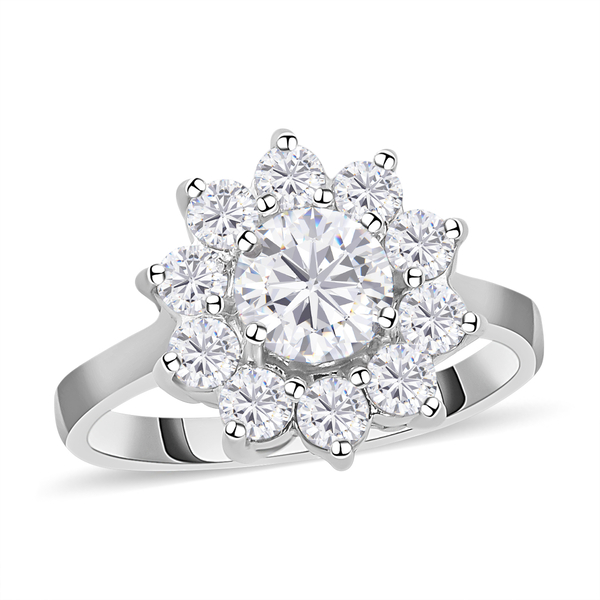 Moissanite Floral Ring in Rhodium Overlay Sterling Silver 1.50 Ct.