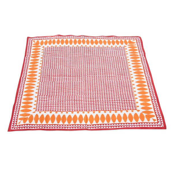 100% Cotton Orange, Red and White Colour Hand Block Printed Table Cover (Size 235x150 Cm)