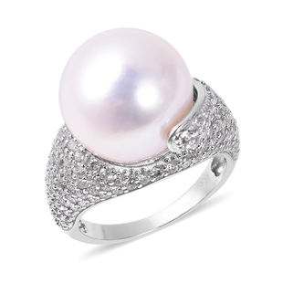 Edison Pearl and White Zircon Solitaire Ring in Rhodium Plated Sterling Silver