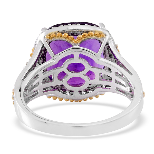 Lusaka Amethyst (Cush 8.00 Ct), Ruby and Natural White Cambodian Zircon Ring in Rhodium Plated Sterling Silver 8.500 Ct. Silver wt 5.50 Gms.