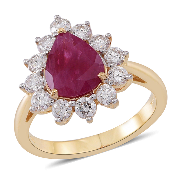 ILIANA 18K Y Gold Rare Size AAAA Ruby (Pear 2.75 Ct), Diamond Ring 3.750 Ct.
