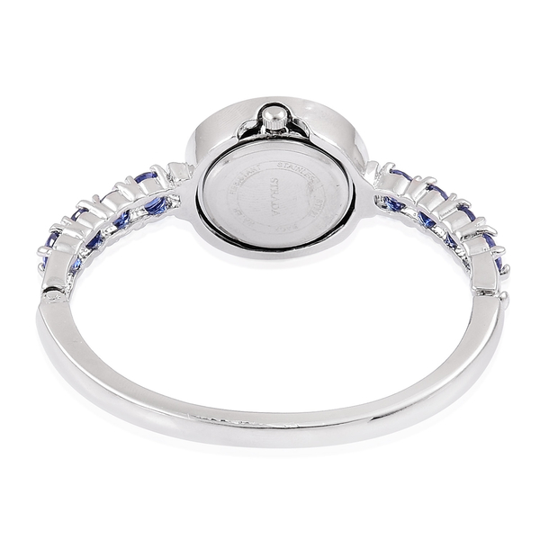 New Concept - STRADA Japanese Movement White Dial Bangle Watch in Silver Tone with White Austrian Crystal and Simulated Blue Colour Diamond. 9Size 7.5)