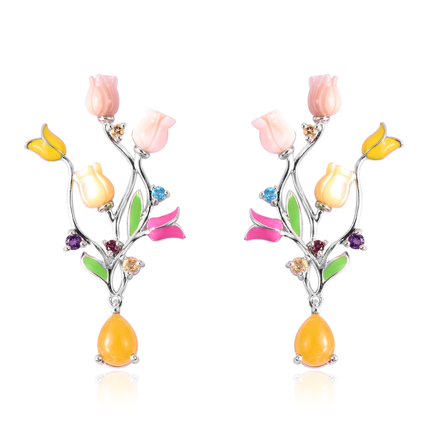 Jardin Collection - Yellow Jade (3.00 Ct.), Pink Mother of Pearl and Multi Gemstone Tuilp Dangle Ena