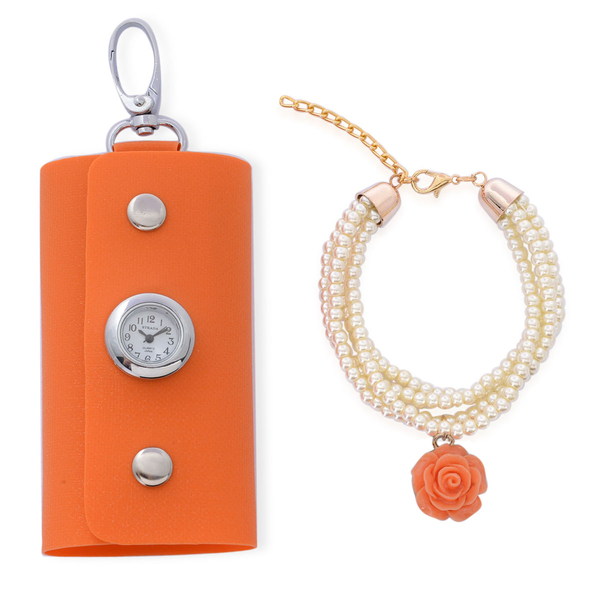 Tangerine Colour Key Chain Bag with STRADA Japanese Movement Water Resistant Watch in Silver Tone an
