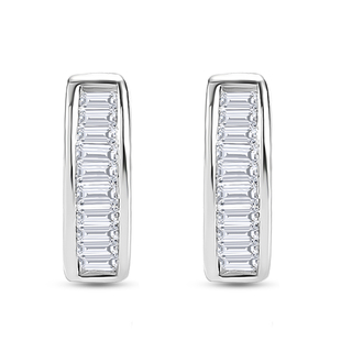 Diamond J Hoop Earrings ( With Push Back) in Platinum Overlay Sterling Silver 0.26 Ct.