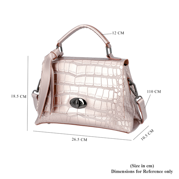 100% Genuine Leather Croc Embossed Satchel Bag with Detachable Shoulder Strap (Size 26.5x10.5x18.5 Cm) - Pink
