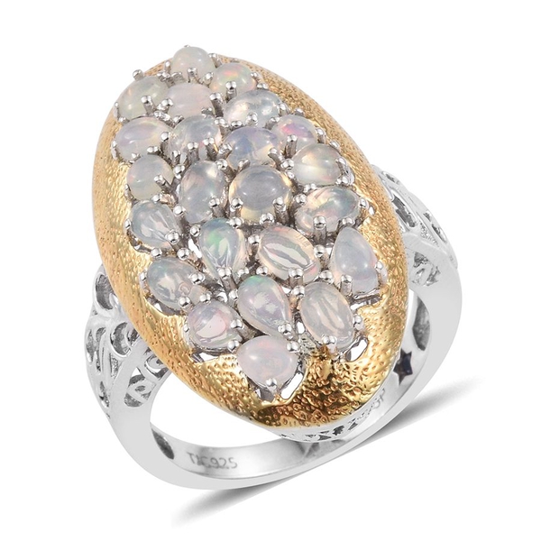GP Ethiopian Welo Opal (Pear), Kanchanaburi Blue Sapphire Ring in Platinum and Yellow Gold Overlay S