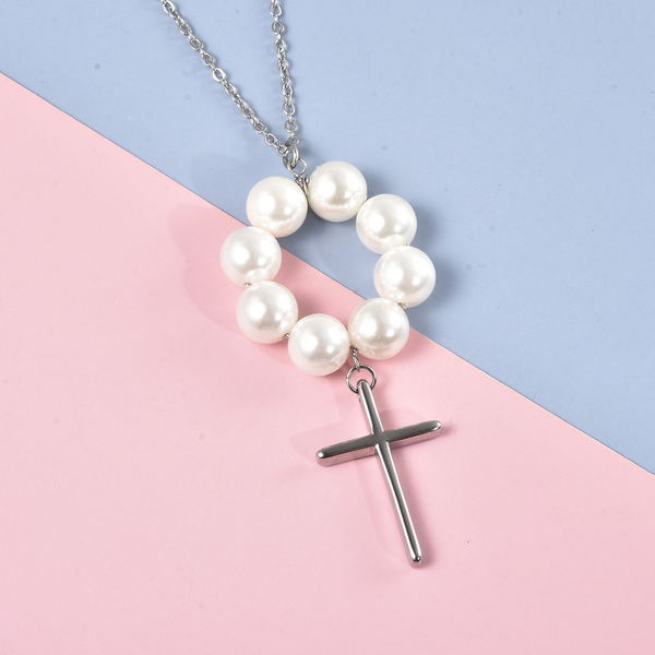 White Shell Pearl Cross Necklace ( Size 24) in Silver Tone