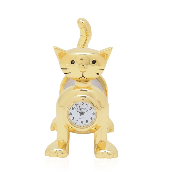 STRADA Japanese Movement Slinky Cat Table Clock in Gold Tone