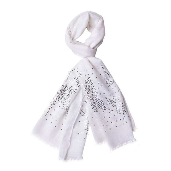 Silver Sequins Embellished White Colour Butterfly Pattern Scarf with Fringes (Size 180X70 Cm)