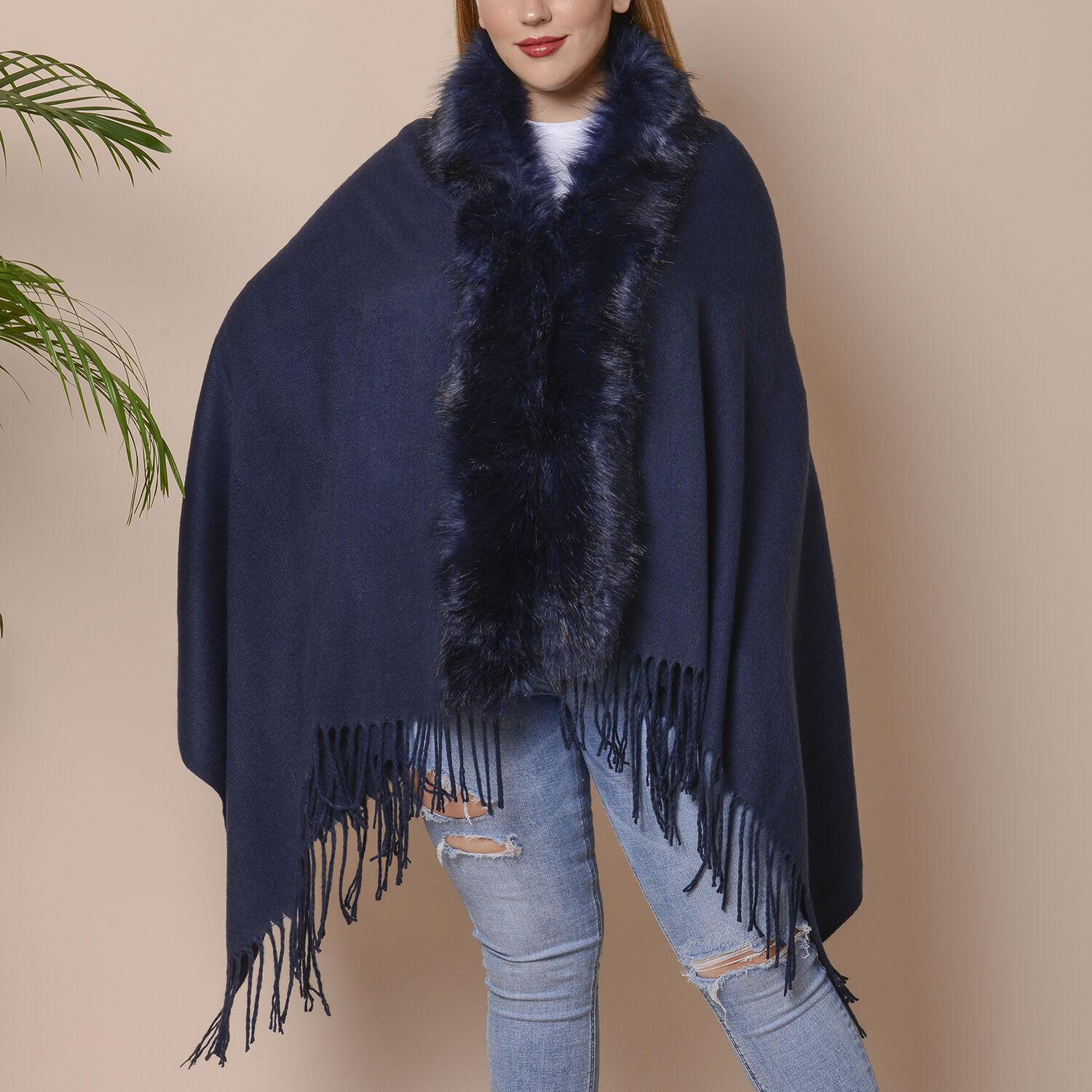 Designer Inspired Faux Fur Trimmed Cape - Navy Blue (One Size; 170x77+10cm)