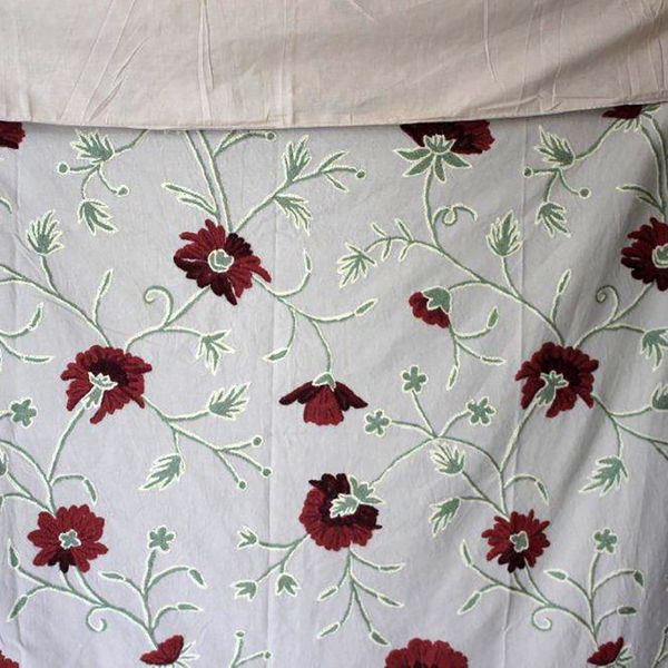 Hand Embroidery from Kashmir-100% Wool on Canvas White, Red and Green Floral and Leaves Pattern Blanket (Size 160X140 Cm)