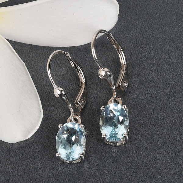 AA Sky Blue Topaz (Ovl) Lever Back Earrings in Platinum Overlay Sterling Silver 2.96 Ct.