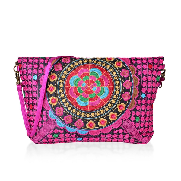 Shanghai Collection Fuchsia Colour Floral Embroidered Clutch or Sling Bag with Removable Shoulder St