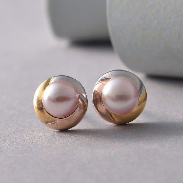 Pink Freshwater Pearl Solitaire Stud Earrings (with Push Back) in Tricolour Gold Overlay Sterling Silver