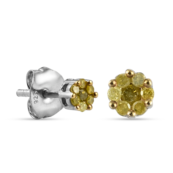 Yellow Diamond Pressure Set Floral Earrings (with Push Back) in Platinum Overlay Sterling Silver