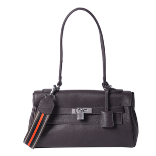100% Genuine Leather Tote Bag (30x19x8cm) with Stripe Pattern Shoulder Strap in Black