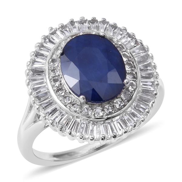 8.16 Ct Kanchanaburi Blue Sapphire and White Topaz Halo Ring in Rhodium Plated Sterling Silver