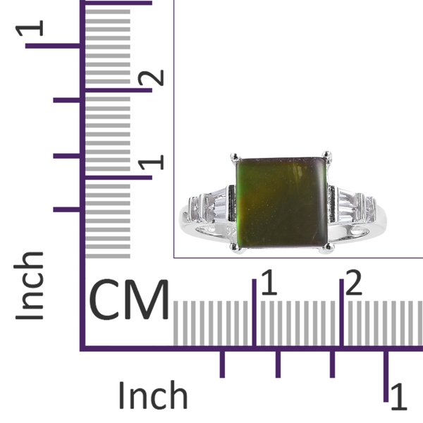 AA Canadian Ammolite (Sqr 10mm), White Topaz Ring in Rhodium Overlay Sterling Silver.