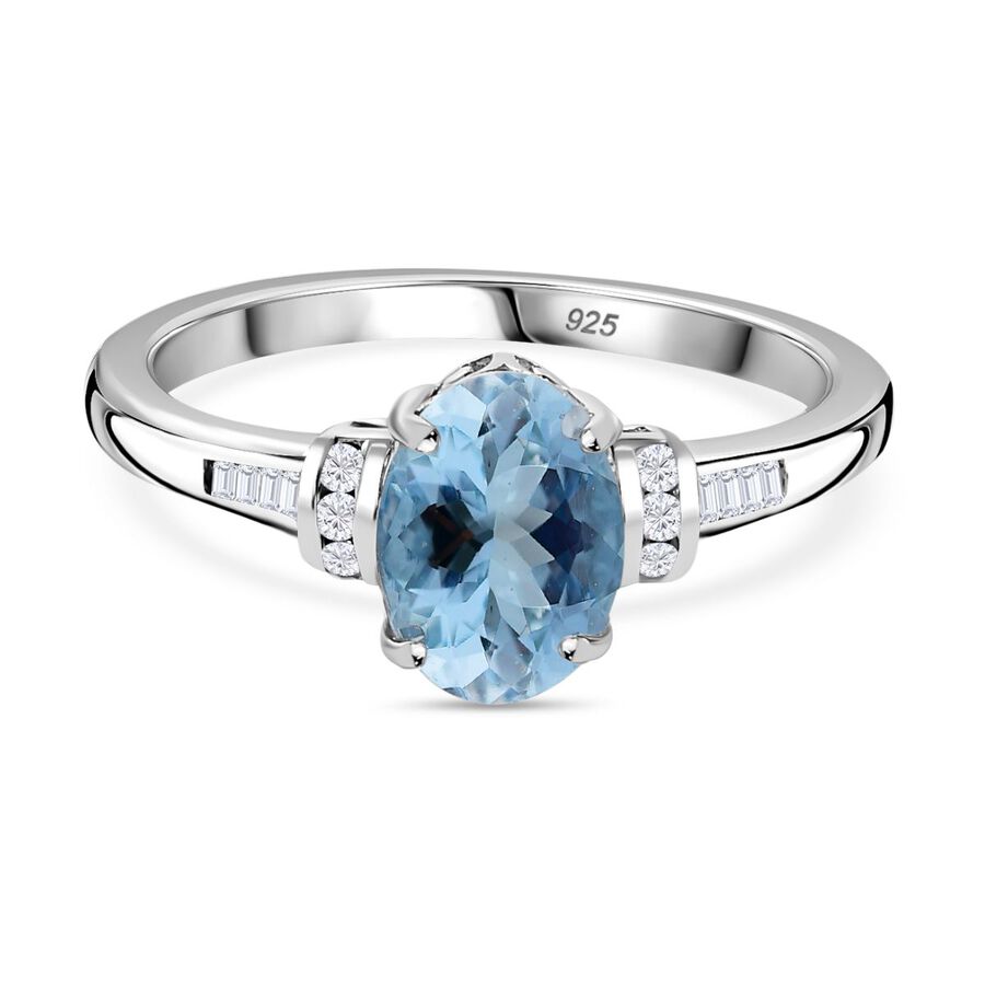 Santamaria Aquamarine ,  White Diamond  Main Stone With Side Stone Ring in Platinum Overlay Sterling Silver 1.27 ct  1.276  Ct.