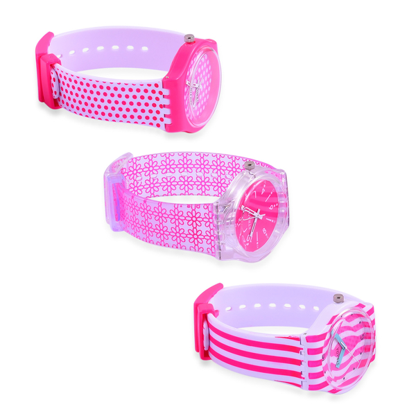 Set of 3 - STRADA Japanese Movement Pink and White Colour Stripes, Polka Dots and Floral Pattern Watch with Silicone Strap
