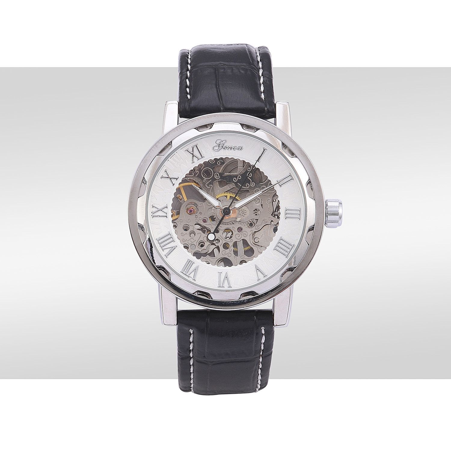 GENOA Automatic Skeleton White Dial Water Resistant Watch in ION Plated Silver with Stainless Steel Back and Black Strap