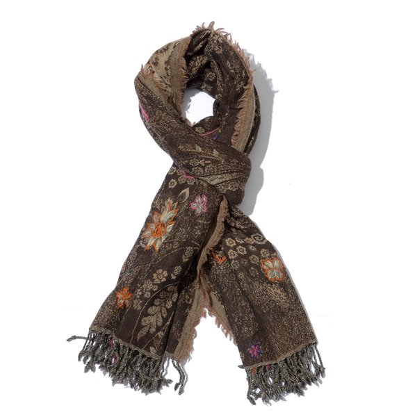 Designer Inspired 100% Wool Embroidered Floral and Paisley Pattern Chocolate Colour Scarf (Size 70x1