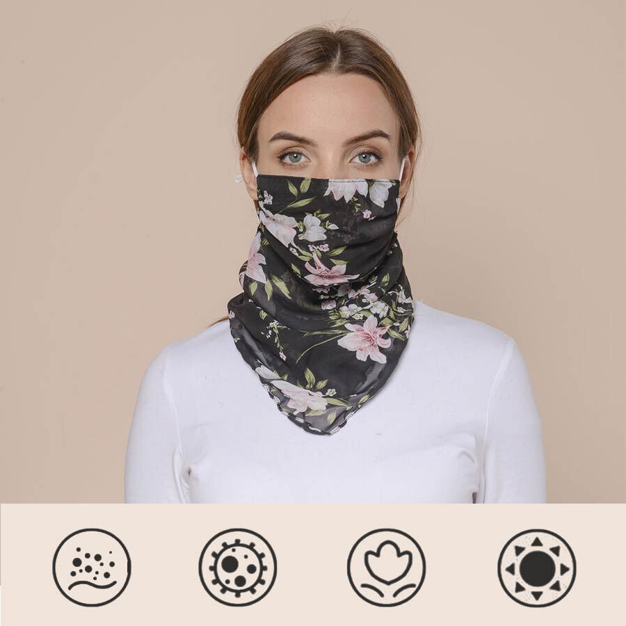 2 in 1 Flower Pattern Chiffon Soft Feel Scarf and Protective Face Covering (Size 45x45 Cm) - Black & Pink
