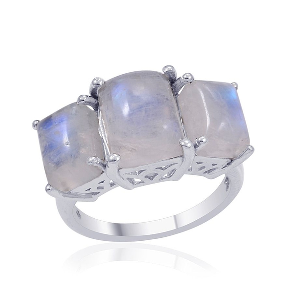 Rainbow Moonstone 3 Stone Ring in Platinum Overlay Sterling Silver 7.000 Ct.