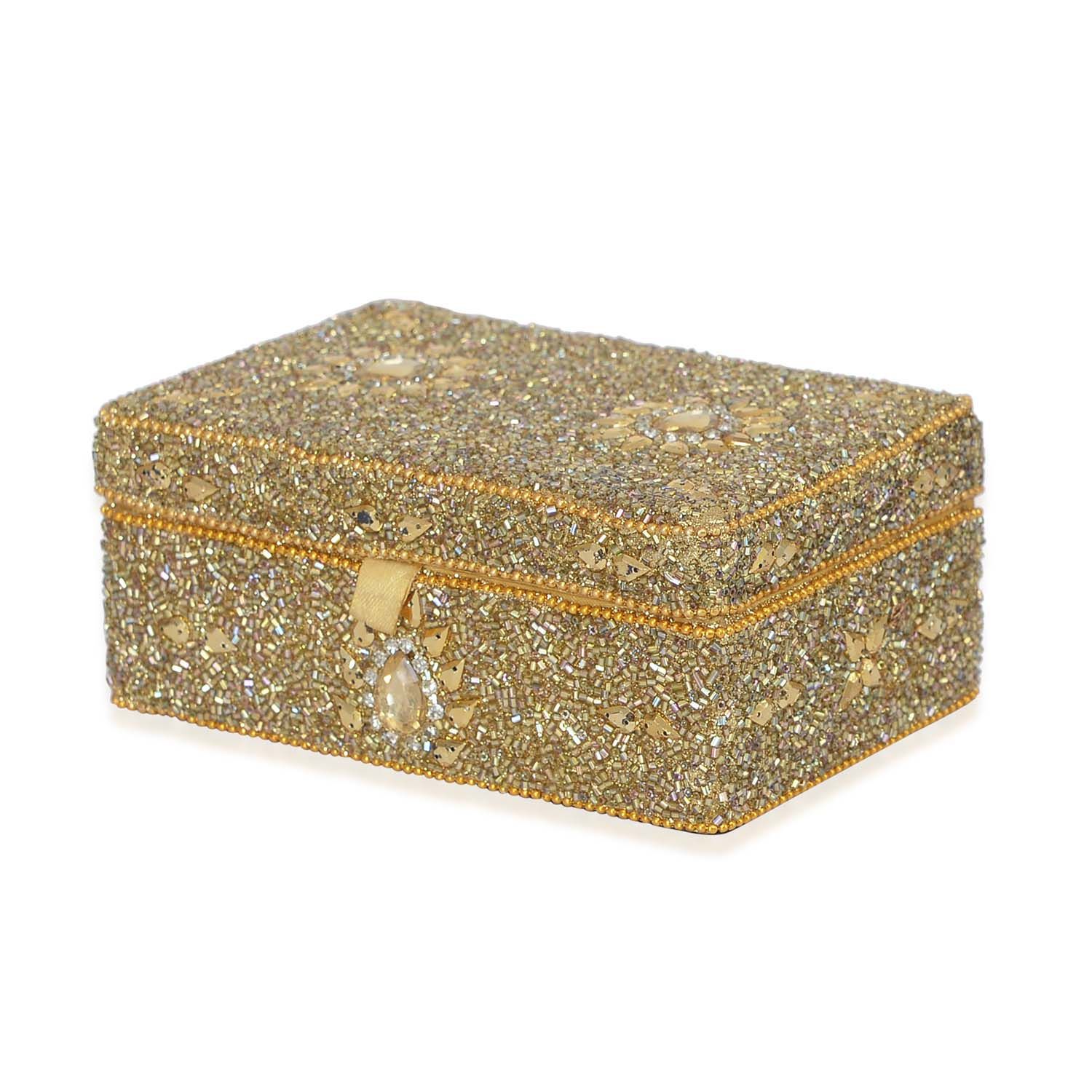 Golden Colour Jewellery Box Decorated with Golden and White Beads with a Tray Inside (Size 15x10x6 C