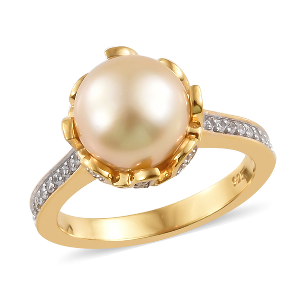 Royal Bali South Sea Golden Pearl and Zircon Solitaire Ring in Gold Platinum Plated Silver