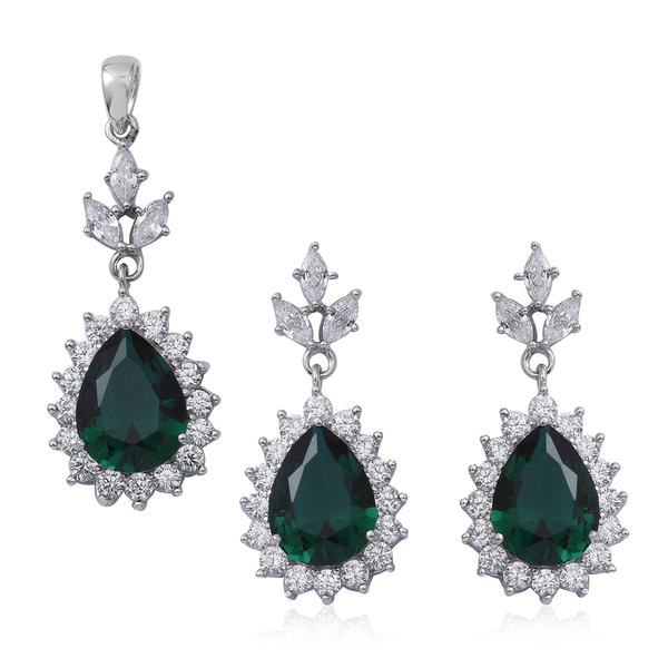 2 Piece Set - ELANZA Simulated Emerald (Pear 13x10 mm), Simulated Diamond Drop Dangle Earrings (with