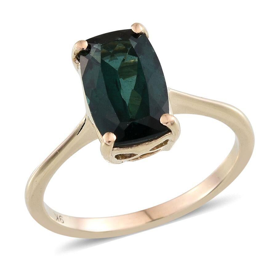 9K Y Gold Ocean Blue Apatite (Cush) Solitaire Ring 3.400 Ct.