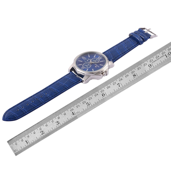 STRADA Silver Tone Chronograph Look Blue Strap Watch