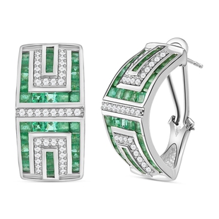Kagem Zambian Emerald and Natural Cambodian Earrings in Platinum Overlay Sterling Silver 6.45 Ct, Si