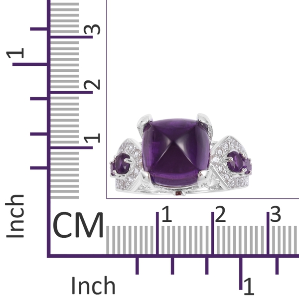 Sugar Loaf Cut Amethyst (Cush 9.50 Ct), Natural White Cambodian Zircon and Mozambique Garnet Ring in Platinum Overlay Sterling Silver 12.040 Ct.