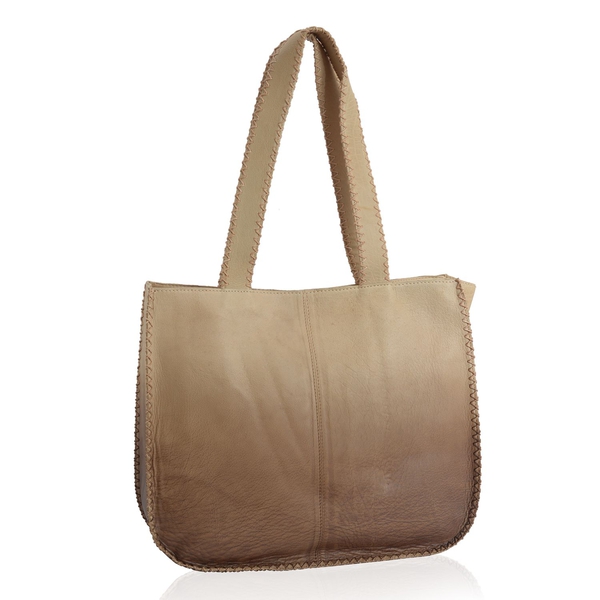 City Classic Genuine Leather Beige Ombre Effects Tote with Thread Stitching at the Edges (Size 40x35x11 Cm)