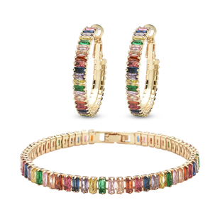 2 Piece Set - Simulated Rainbow Sapphire Bracelet (Size 7.5) and Hoop Earrings in Silver Tone