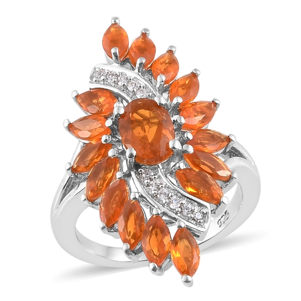 2.25 Ct Jalisco Fire Opal and Zircon Cluster Floral Ring in Platinum Plated Silver