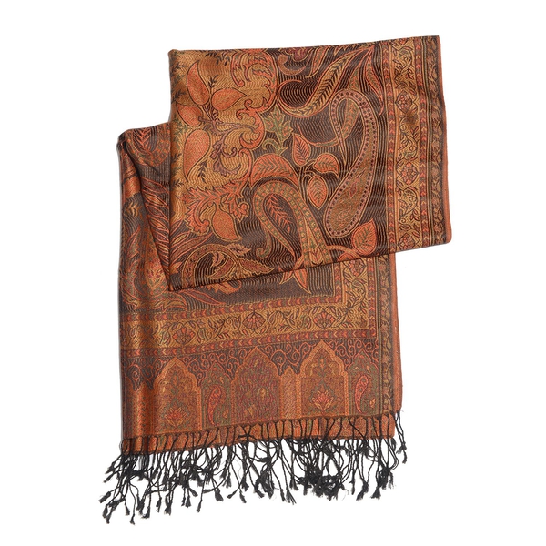 SILK MARK - 100% Superfine Silk Orange and Multi Colour Paisley and Leaves Pattern Chocolate Colour Jacquard Jamawar Shawl with Fringes (Size 180x70 Cm) (Weight 125-140 Grams)