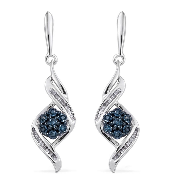 Blue Diamond, White Diamond 0.25 Carat Lever Back Earrings in Platinum Overlay Sterling Silvert.