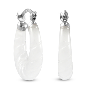 Designer Inspired - Carved White Jade Twisted Earrings (with Clasp) in Sterling Silver - White
