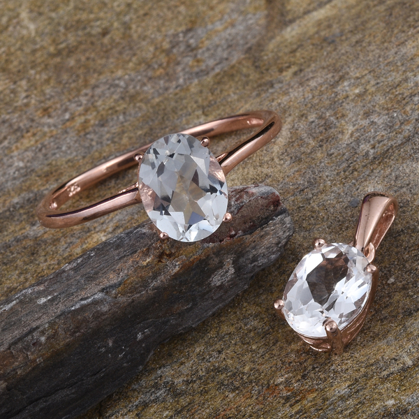 White Topaz (Ovl) Solitaire Ring and Pendant in Rose Gold Overlay Sterling Silver 4.000 Ct.