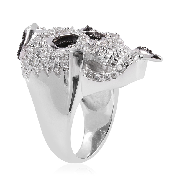 Halloween Collection- Boi Ploi Black Spinel (Rnd), Natural White Cambodian Zircon Skull Ring in Rhodium and Black Plating Sterling Silver 6.050 Ct, Silver wt 17.86 Gms.